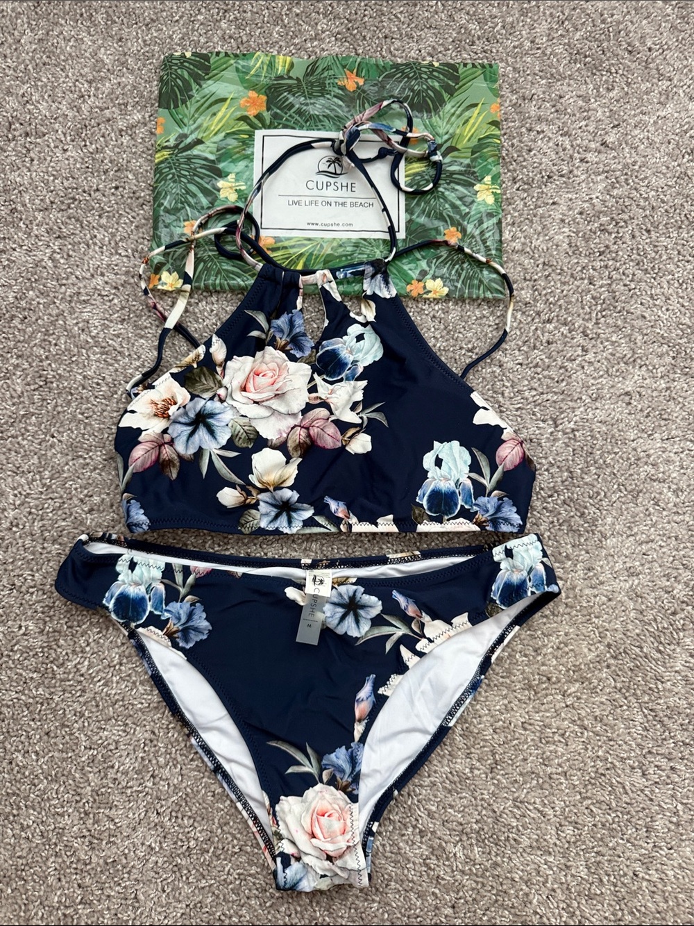 Cupshe Navy Floral High Neck Two-Piece Bikini